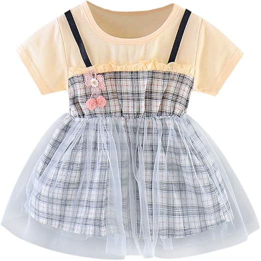 LHWY Baby Dress 06 Months Girls Princess Short Sleeve Checked Tulle Fashion Elegant Wedding