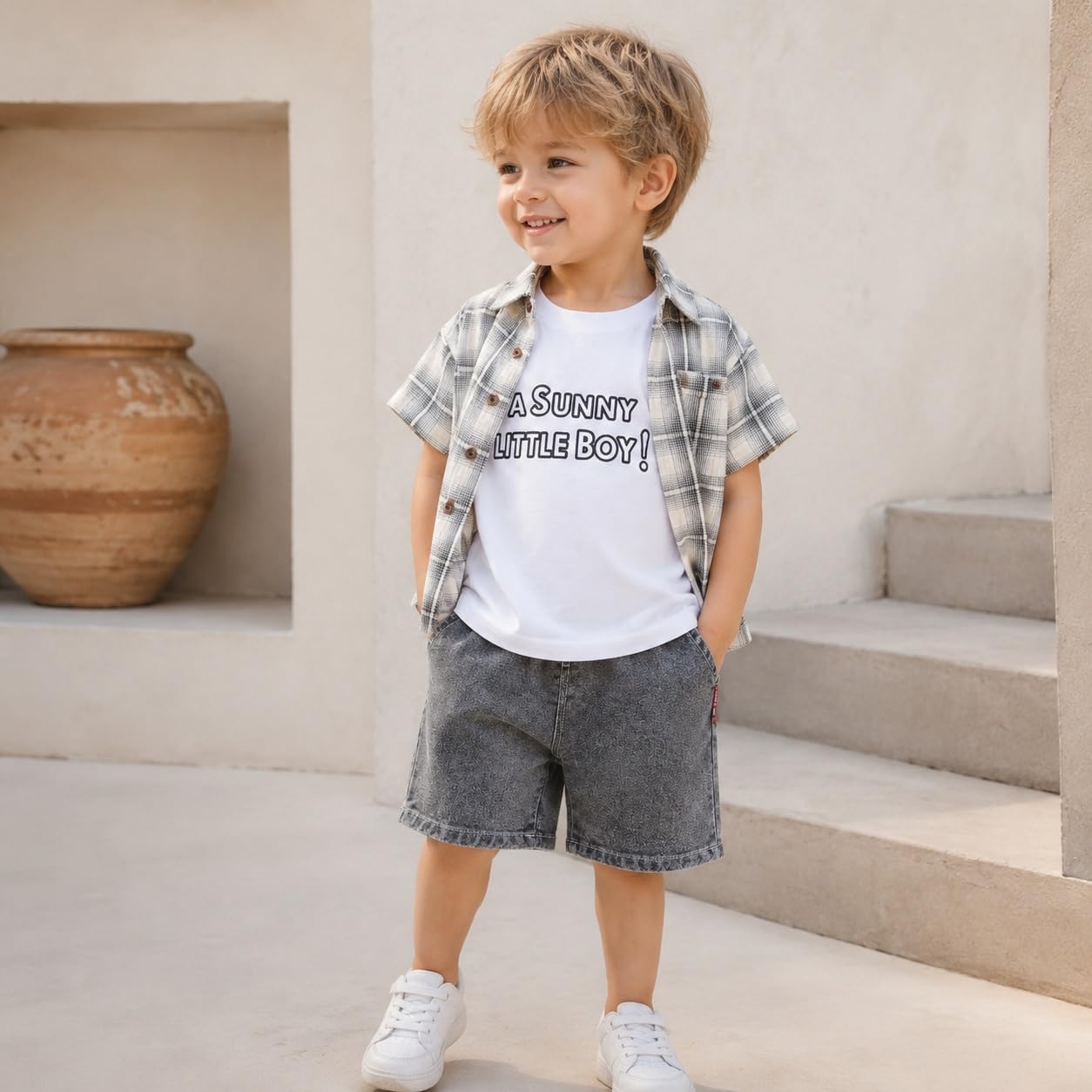 JQT Baby Boy 3-Piece Summer Outfit Set, Plaid Short Sleeve Shirt, Letter Print T-Shirt, and Denim Shorts for Toddlers