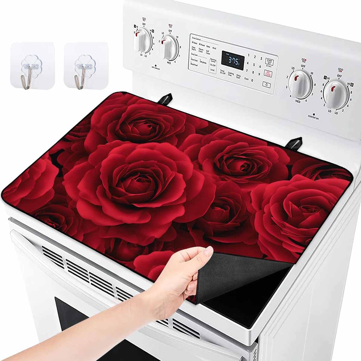 Valentine's Day Stove Cover for Electric Stove, Red Rose White Background Stove Top Cover for Glass Top, Heat Resistant Rubber Mat Foldable Cooktop Cover Top Protector, 24"x21"