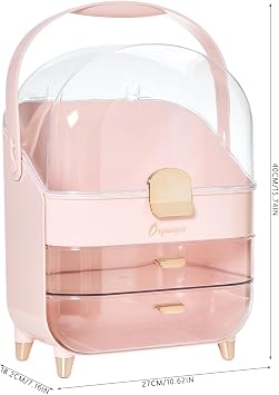 Multifunctional Makeup Organizer Case with Lid Drawers 3-Layer Desktop Cosmetic Storage Box with Waterproof Transparent Cover & Handle for Dresser Bathroom Countertop 27x18.2x36.5cm(pink)