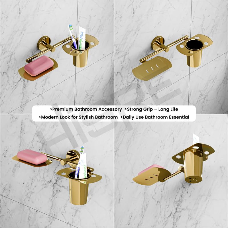 Chrome Square Bathroom Accessory Set | Wall Mounted Soap Dish & Toothbrush Holder with Tumbler | Durable Rustproof Bathroom Organizer (GOLD, 208), photo 5 of 5