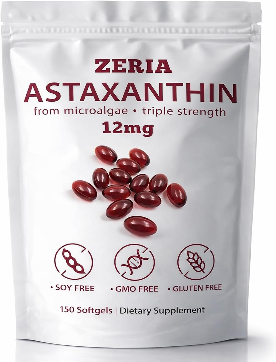 ZERIA Astaxanthin 12mg, Natural Microalgae Antioxidant for Eye, Skin & Immune Support - 150 Softgels