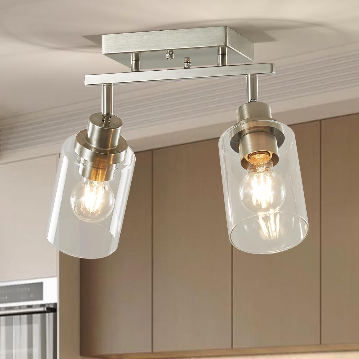LOUSACE 2 Light Brushed Nickel Bathroom Vanity Track Light Fixtures Ceiling Mount Kitchen Track Lighting Kit with Clear Glass Shade, Modern Wall Ceiling Rotatable Tracking Light Heads for Accent Shop
