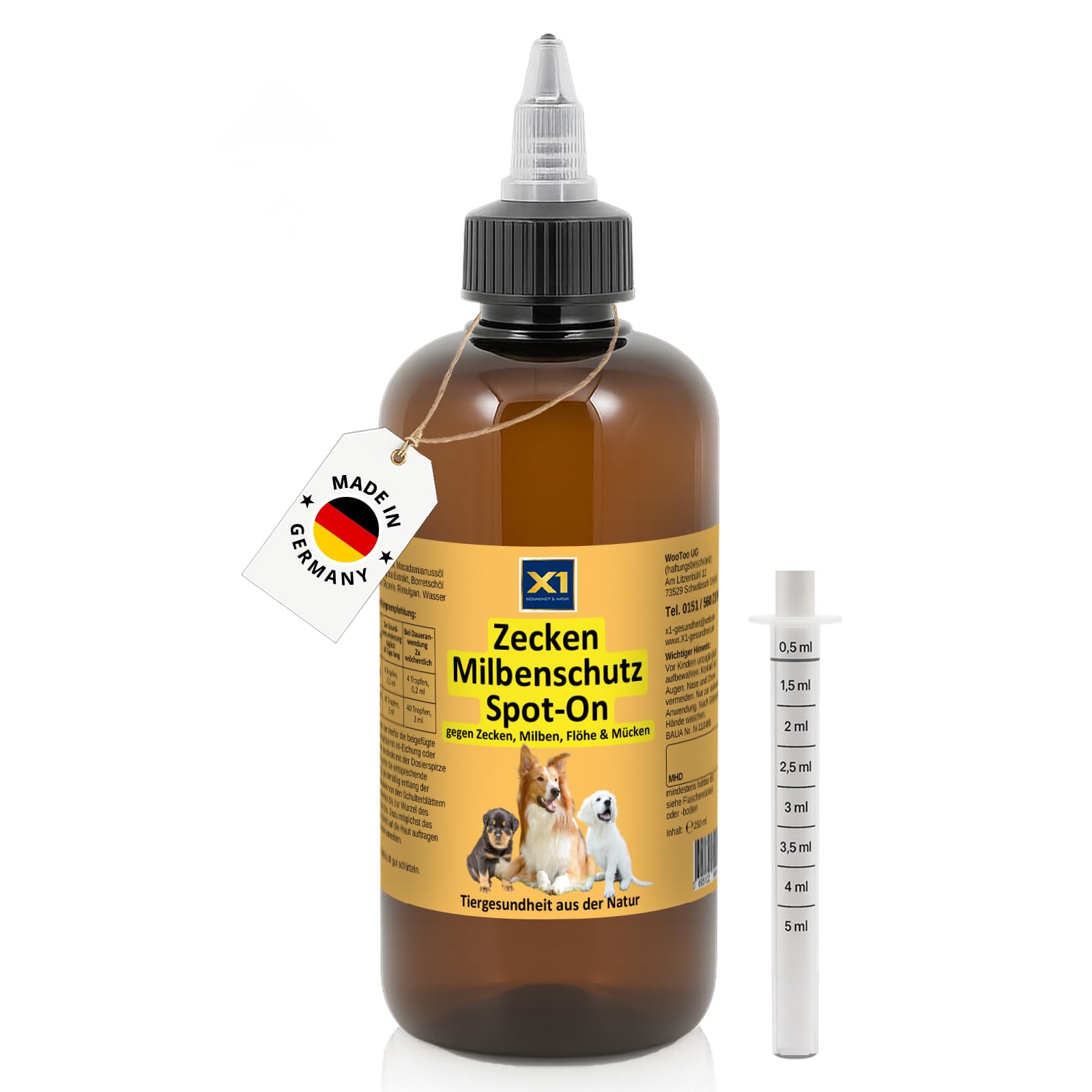 X1 Zecken-, Floh- & Milbenschutz Hund Spot-On 250 ml – Geruchlos, ohne Teebaumöl – Natürlicher Schutz mit Margosa & Kokosöl – Wasserfest & sparsam – Made in Germany – für alle Hunderassen