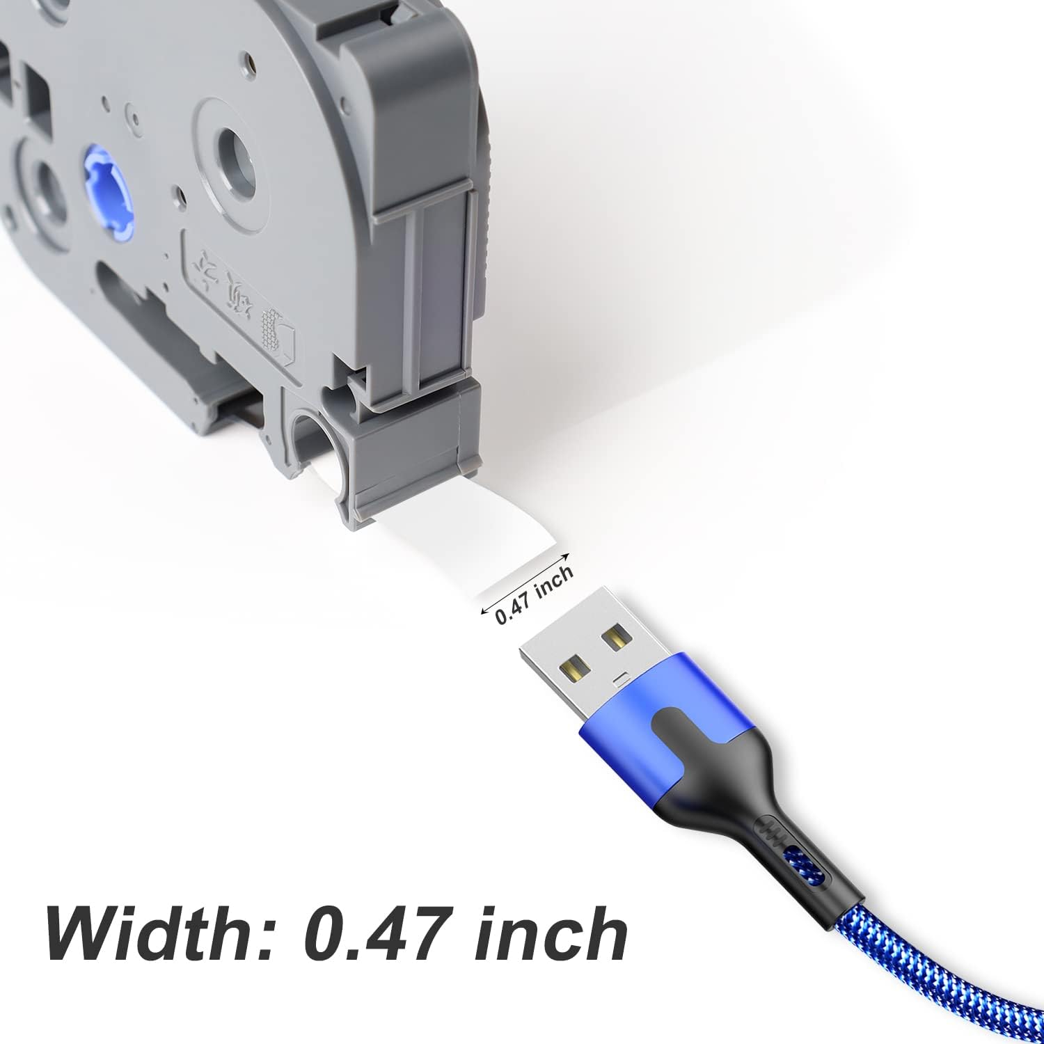 A label tape being measured, showing its 0.47 inch width.