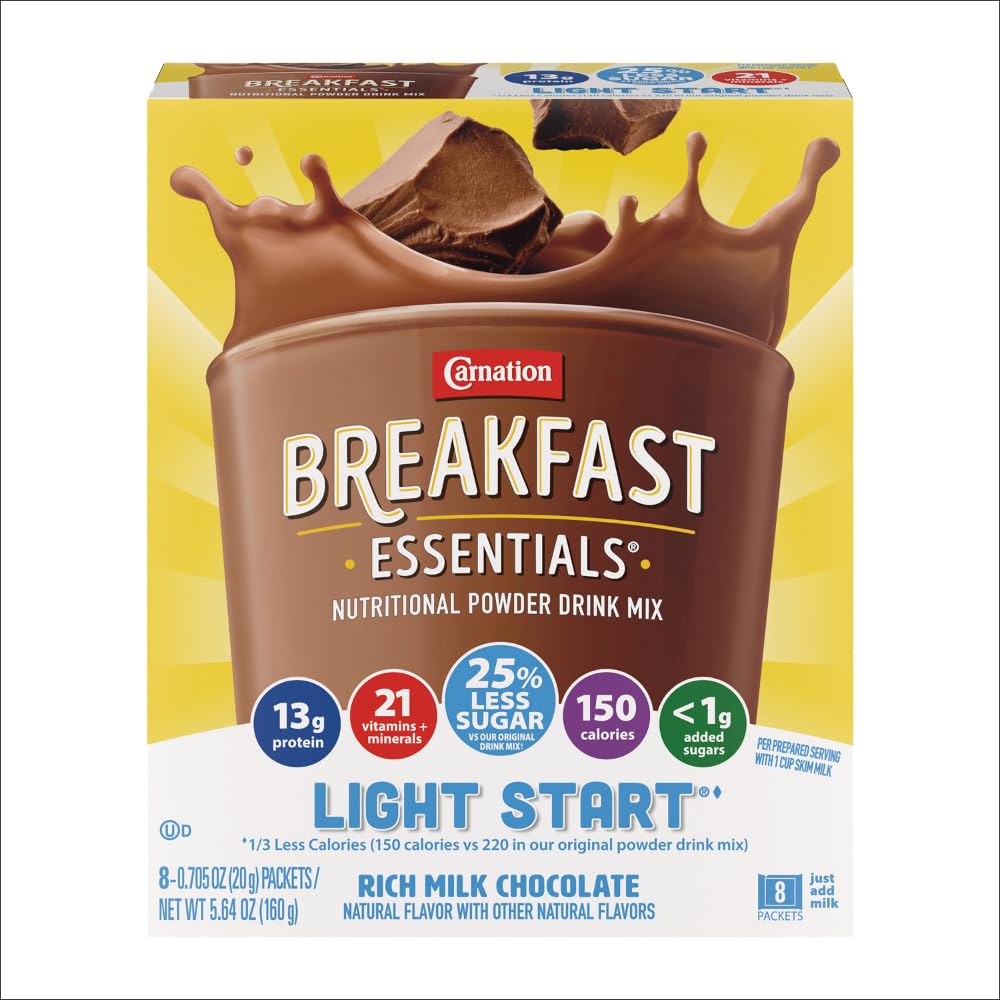 Light Start Powder Drink Mix, Rich Milk Chocolate, 8 Count Box of Packets