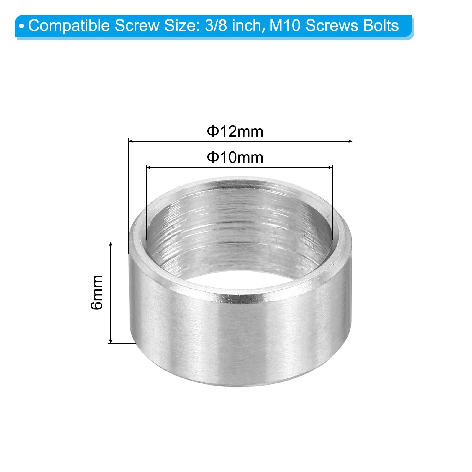 PATIKIL Distanziali In Acciaio Inox M10, 12Pcs Distanziali Metallici 10mm ID x 12mm OD x 6mm L Supporto Per Viti Per Viti 3/8" O M10