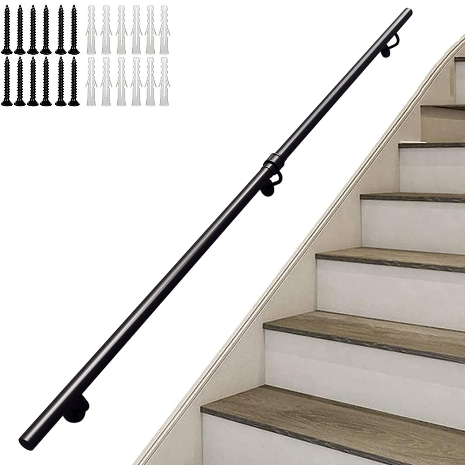 GLDYTVF 1ft-20ft Wall Mounted Stairs Handrail Banister Complete Kit, Assistive Staircase Railing Metal Wrought Iron Pipe, Staircase Banister Hand Rails Home Decoration(7ft/210cm)