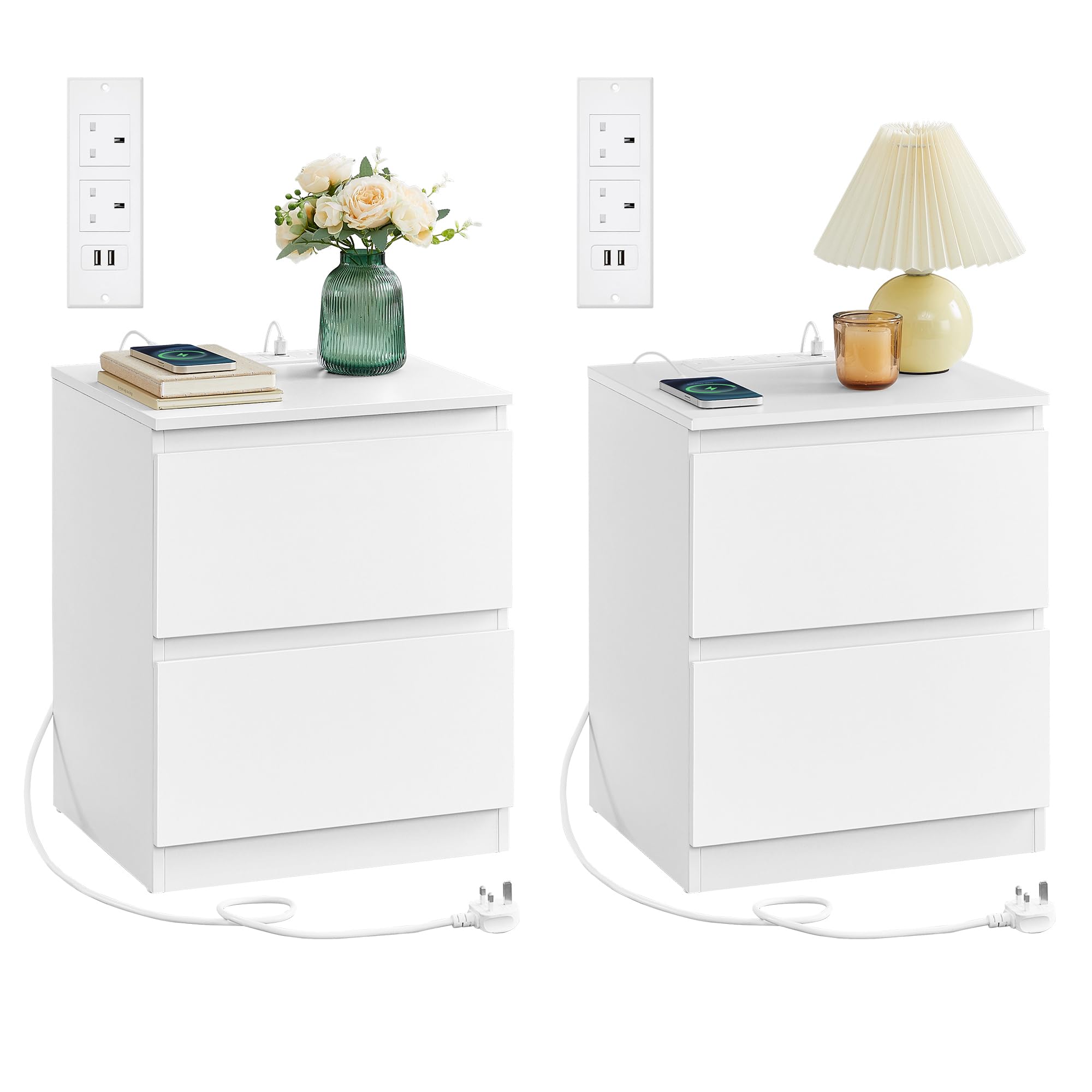 VASAGLE Nightstand with Charging Station, Bedside Table with Drawers, Side End Table, 2 AC OutLETs, 2 USB Ports, for Living Room, Bedroom, Study, White KAILYN Collection LET821W01
