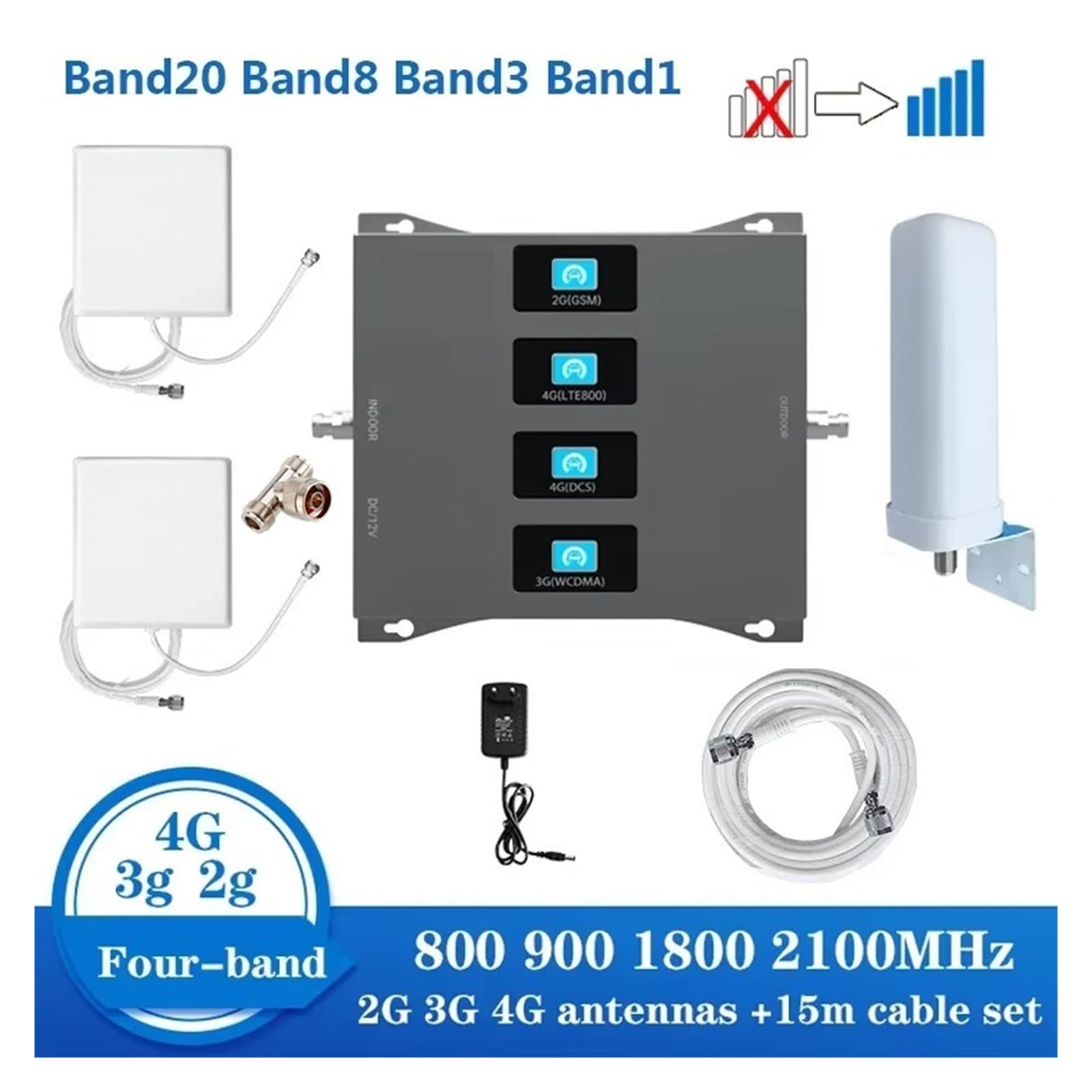 Amplificador Móvil 2G 3G 4G 800 900 1800 2100 Repetidor GSM De 2 Antenas DCS WCDMA Señal LTE Cobertura más amplia