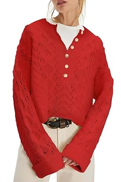 yoeasy Womens Cropped Sweaters Cable Knit Crewneck Button Long Sleeve Trendy Oversized Casual Loose Pullover Sweater Tops