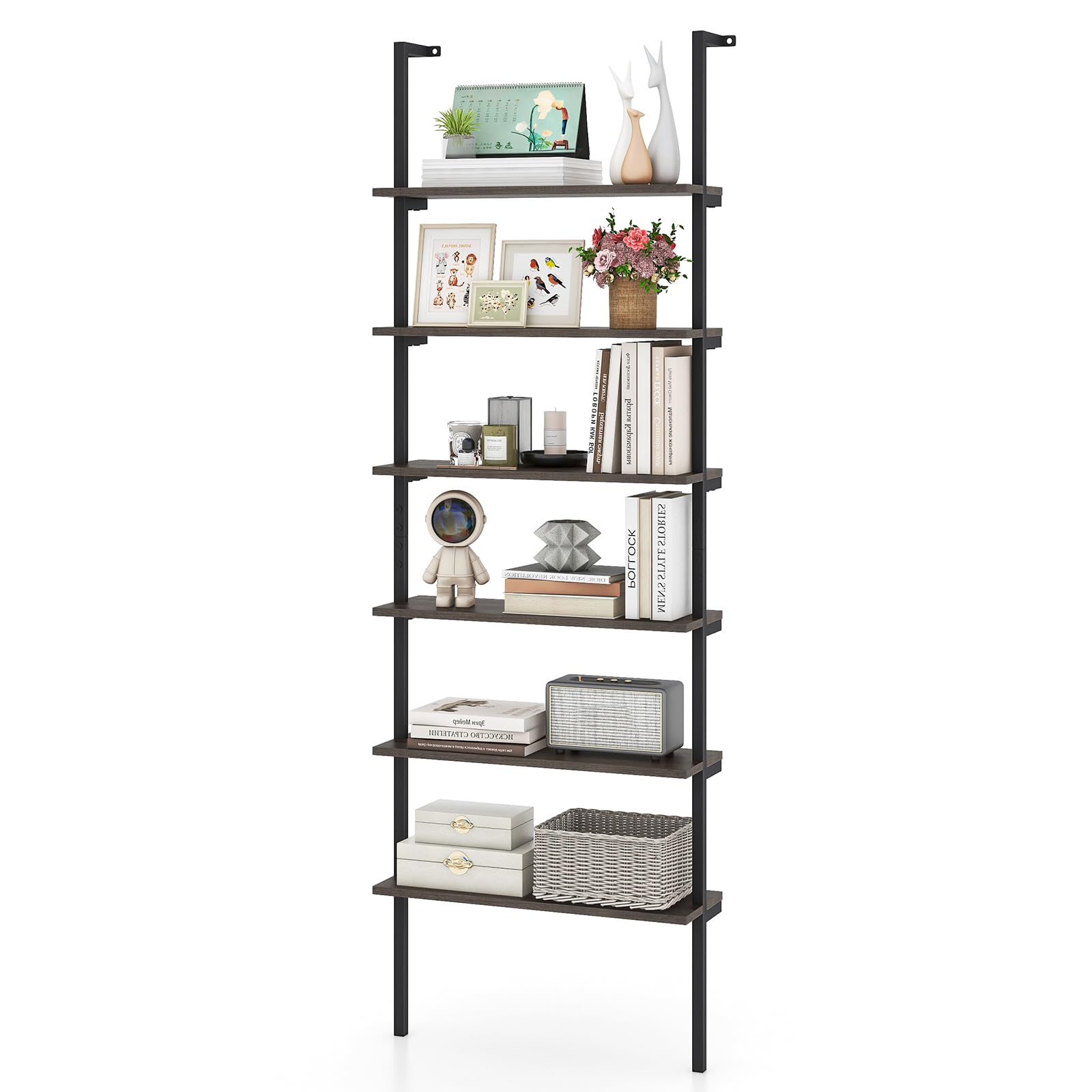 HOMASIS Estantería de Pared con 6 Niveles, Librería Escalera con Estructura metálica y Dispositivos antivuelco, Estantería Abierta Moderna para salón, Dormitorio, Oficina, 60x20x183cm (Roble Gris)