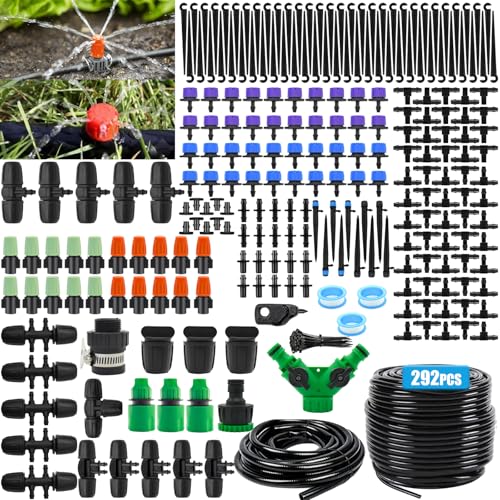 LOVICVKEM 292 pcs Sistema de riego Jardín,45M+15M Kit Riego con Ajustable Boquilla Aspersor Pulverizador y Gotero Automatico,Riego Por Goteo Huerto,Adecuado para Jardines, Céspedes y Granjas