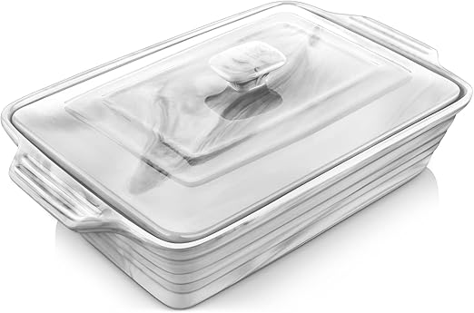 MALACASA Large Casserole Dish with Lid, 4.4 Quart Ceramic Baking Dish for Oven, 13 x 9 Lasagna Pan Deep with Lid, Microwave, Dishwasher Safe, Series BAKE-GREY