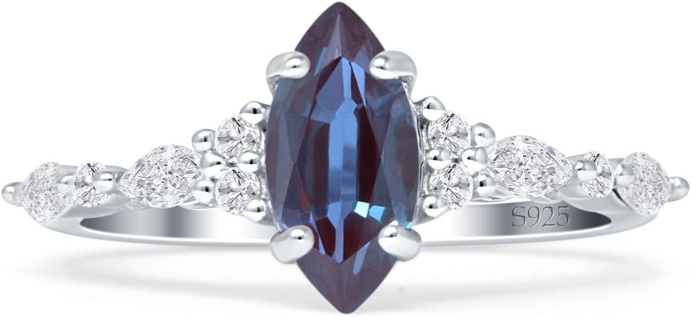OMRANII Art Deco Marquise Lab Alexandrite Vintage Style Wedding Engagement Ring Solid 925 Sterling Silver Gift For Women