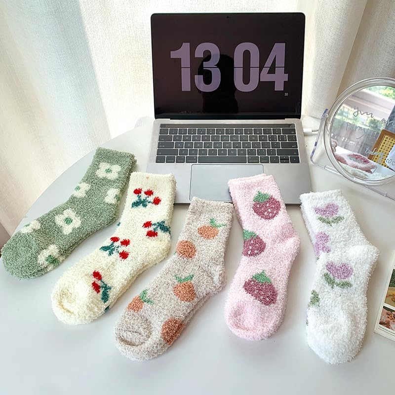 Kelabia 5 Pair Cute Floral Fuzzy Socks, Women Fluffy Slippers, Cottagecore Winter Thick Cozy Vintage Long Socks image 5
