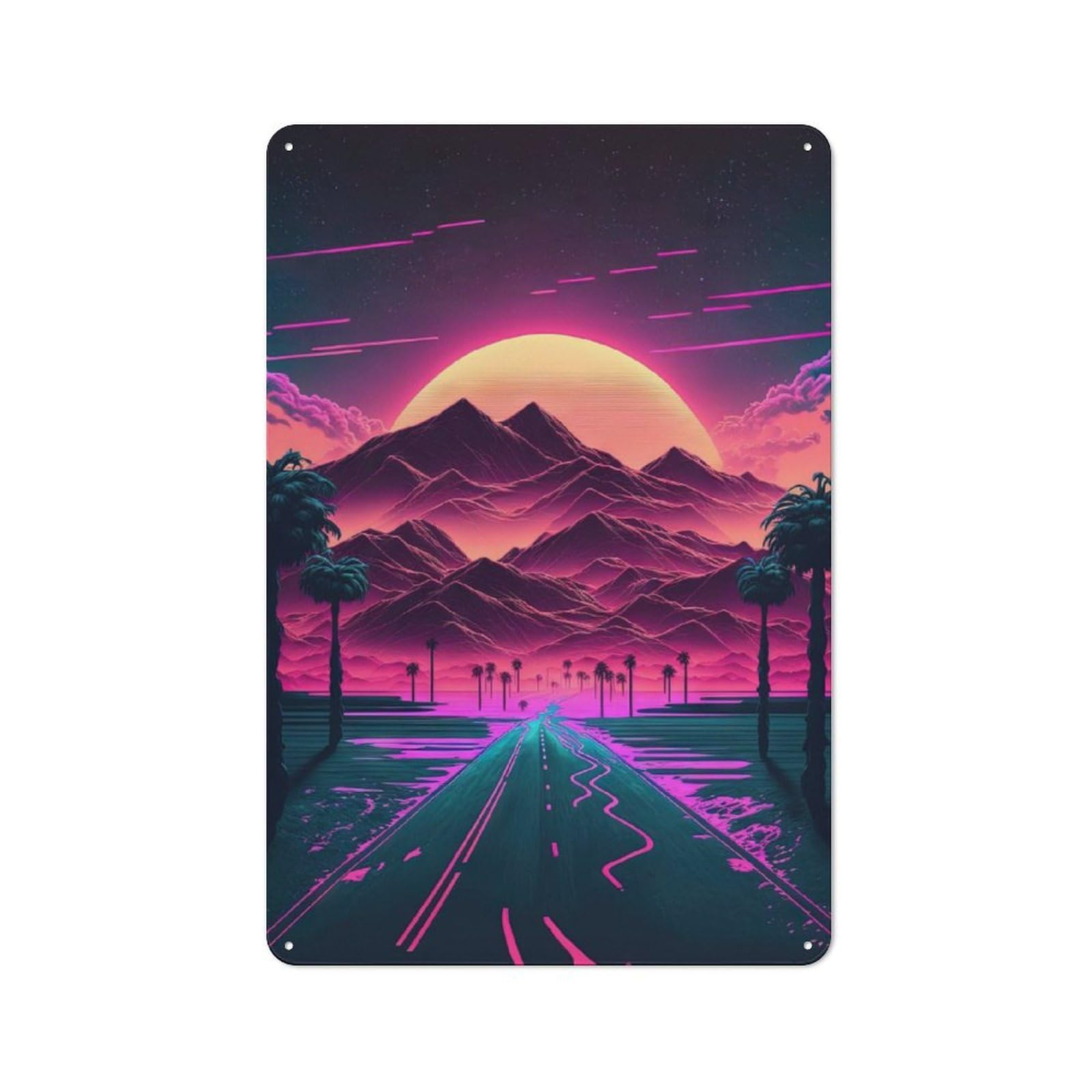 Junmoney Neon Sunrise Mountains Tin Wall Plaque 30X20cm With For Hobby Room Or Studio, For Updating Hobby Room And Studio After Moving