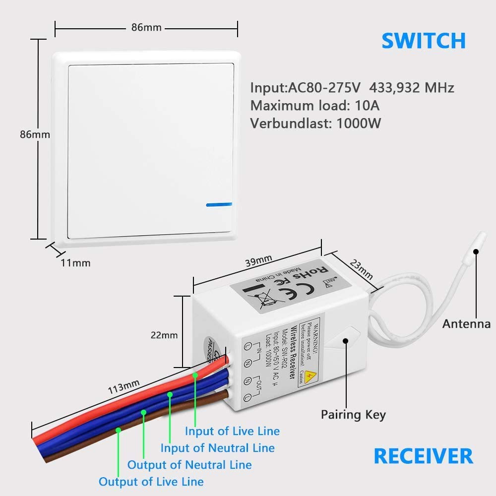 Thinkbee Wireless Light Switch and Receiver Kit, IP66 Waterproof, Outdoor  1969ft Indoor 130ft Remote Control Wall Switch for Lights - - Amazon.com