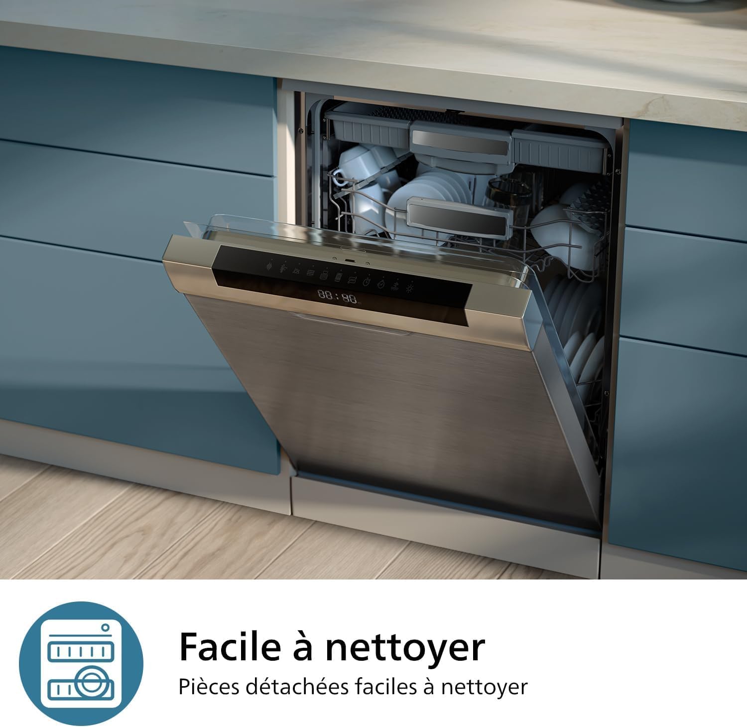 Open dishwasher with blender parts inside, demonstrating easy cleaning