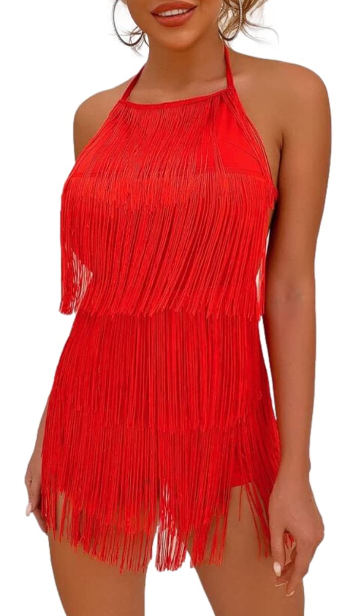 Photo 1 of Sexy Backless Fringe Dress Jumpsuit - Womens Club Boho Tassel Tiered Halter Playsuit Festival Bodysuit Romper Small Burnt Orange