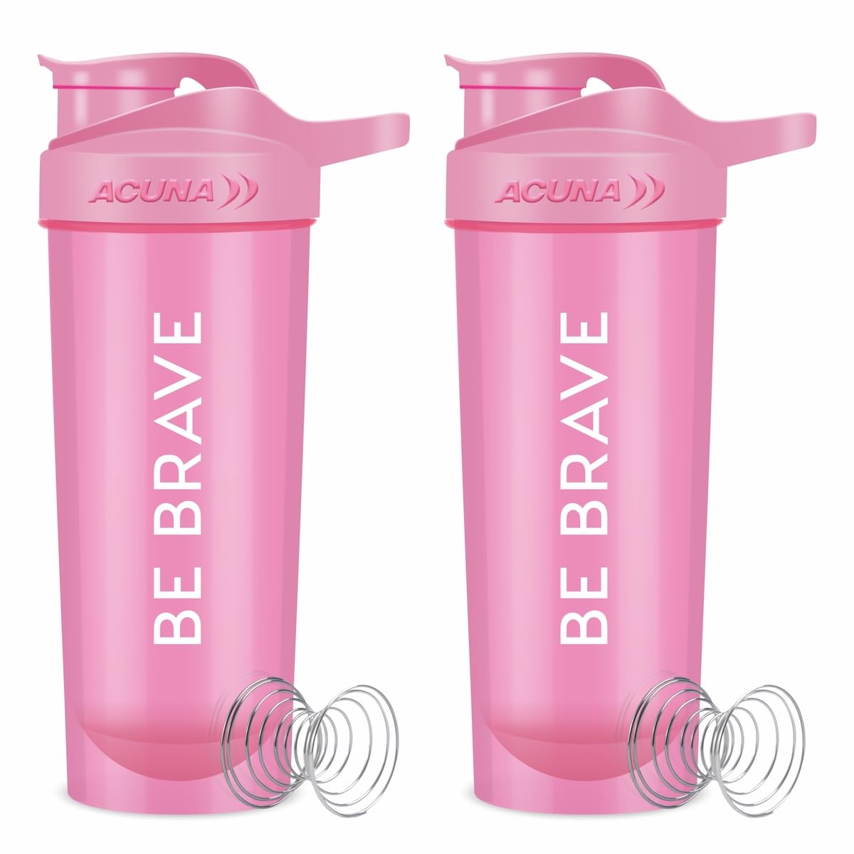 ACUNA BE BRAVE Shaker Bottle 700ml (Pack of 2) | Protein Shaker For Gym Training Workout Travel, Leakproof Protein Shake Bottle With Mixer Ball For Smooth Shake, Airtight Screw On Lid (Pink - Pink)