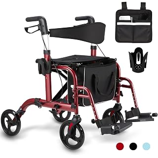 Outspurge Rollator 2 in 1 Walker & Transport Chair,4 Wheel Rolling Wheelchair for Adults Seniors, Folding Medical Walker with Adjustable Handle and Reversible Backrest with Comfortable Seat(Red)