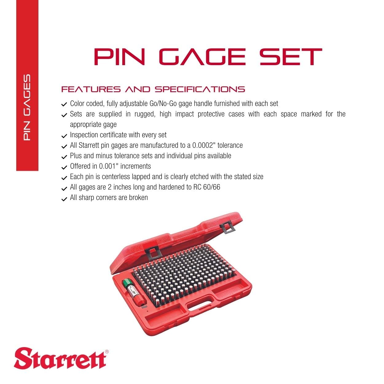 Starrett Precision Steel Pin Gage Set with Rugged, High Impact Protective Case - .251-.500" Range, Plus Set Type, 250 Gages - S4004-500