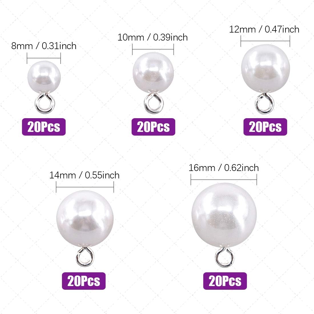 Swpeet 90Pcs 8mm 10mm 12mm 14mm 16mm White Pearl Bead Cap Half Ball Dome Metal Circle Hook Buttons Assortment Kit for Crafting Sewing Scarpbooking Scarf and Clothes