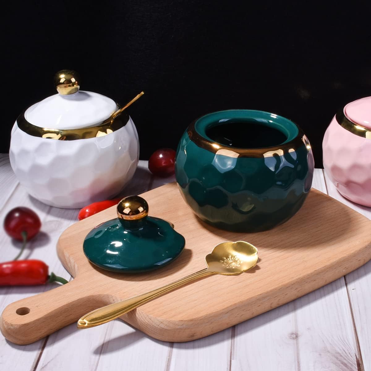 Ceramic Sugar Bowl with Lid and Spoon, 250 ML Golf Shaped Spice Jar