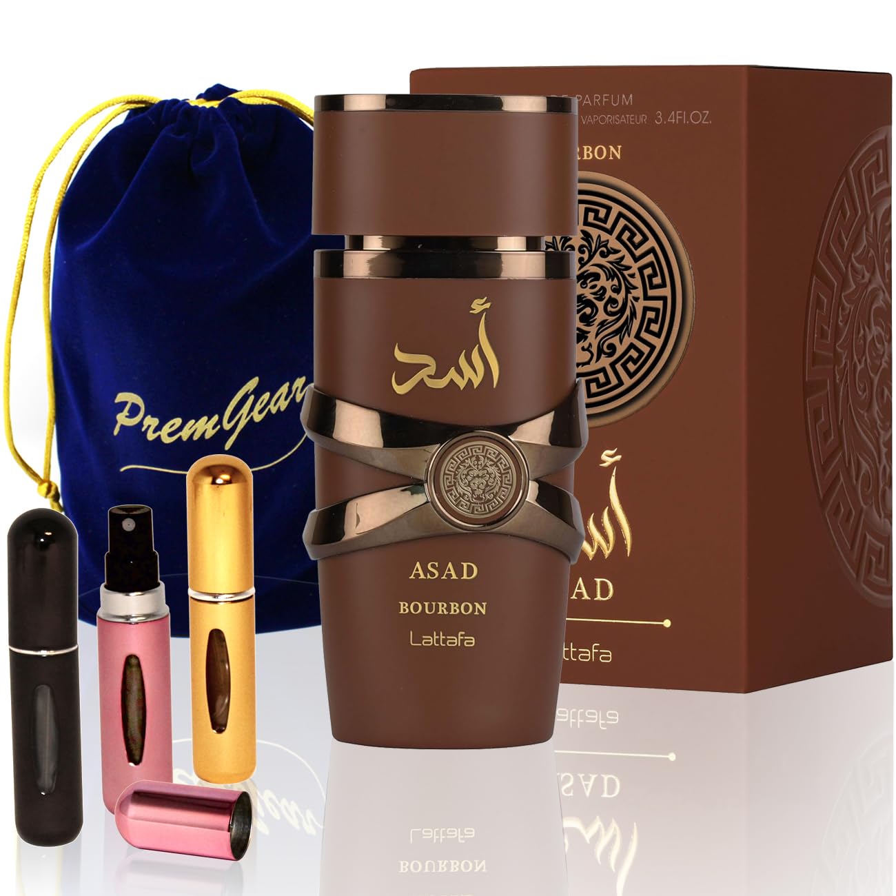 Lattafa Asad Bourbon Eau de Parfum Spray for Unisex, 3.4 Ounce / 100 ml with Elegant Velvet Pouch and 3 Refillable Atomizer Spray Bottles