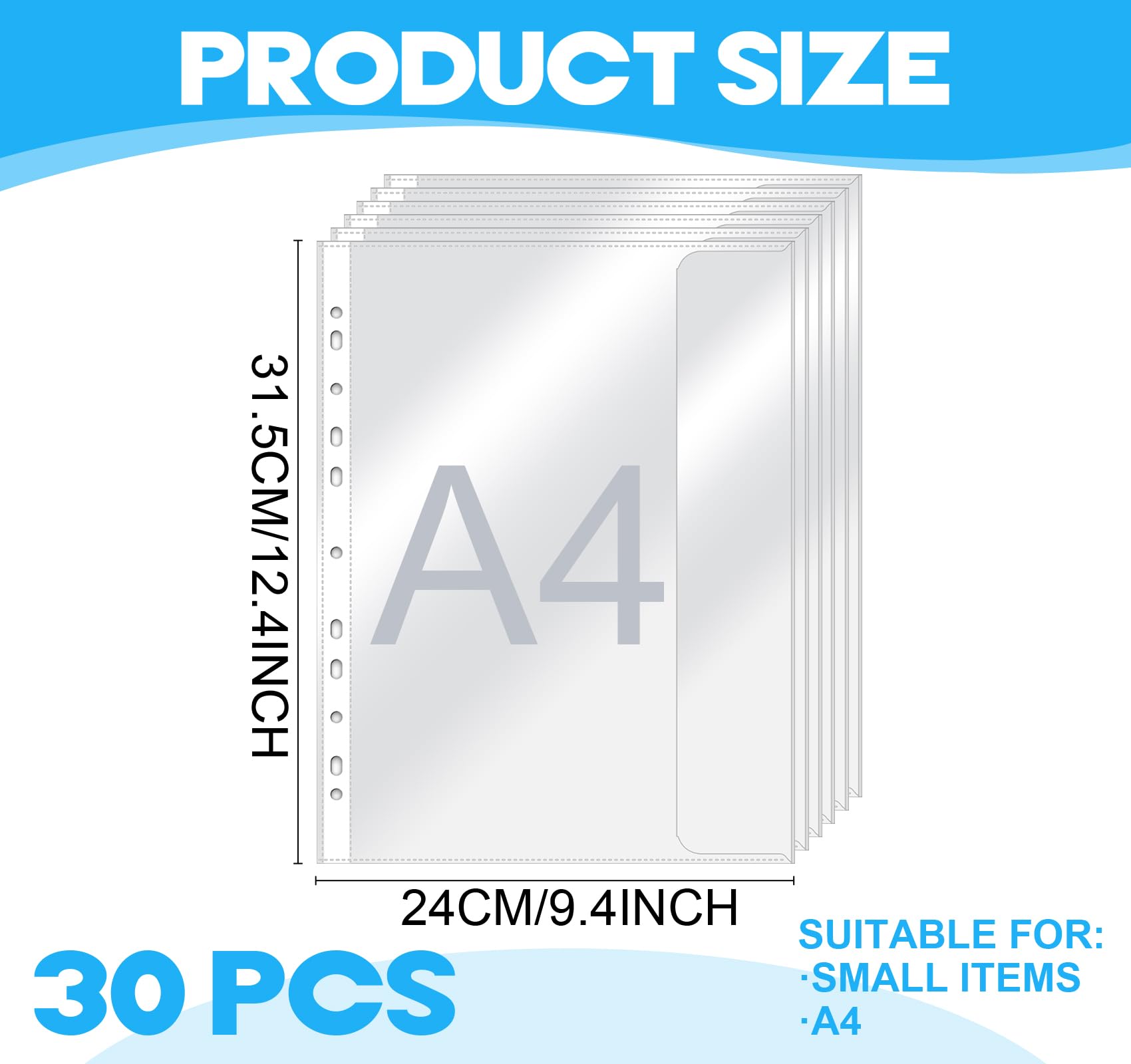 30 buste trasparenti A4 perforate con aletta, in plastica resistente, apertura laterale da 240 micron, 11 fori, protezioni per fogli per raccoglitori ad anelli a 2/3/4 anelli, documenti, cartelle di