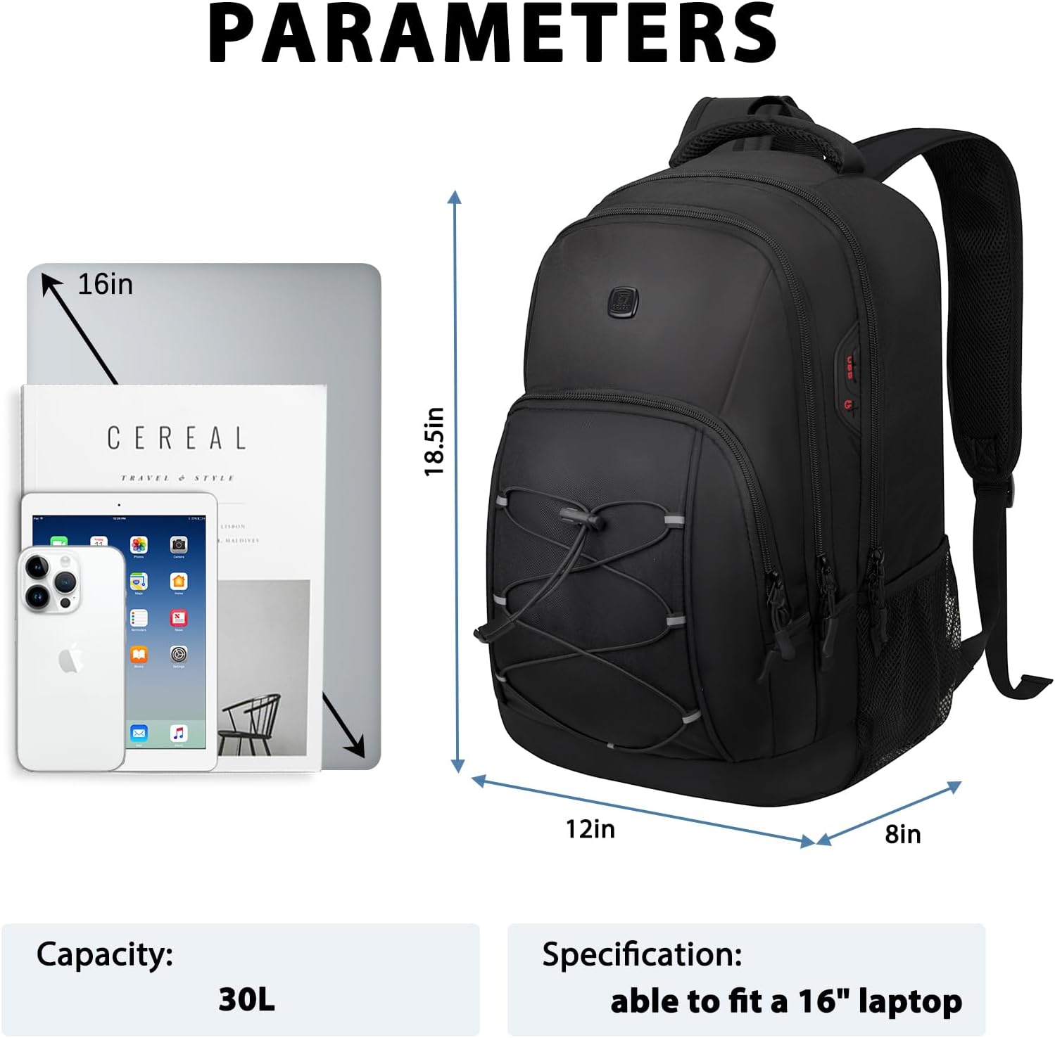 Goloni Laptop Backpack for Men Women, 17 Inch Travel Backpack with USB Charging Port, Water Resistant Lightweight Backpack with Compartments, 30L Casual Daypack,Black