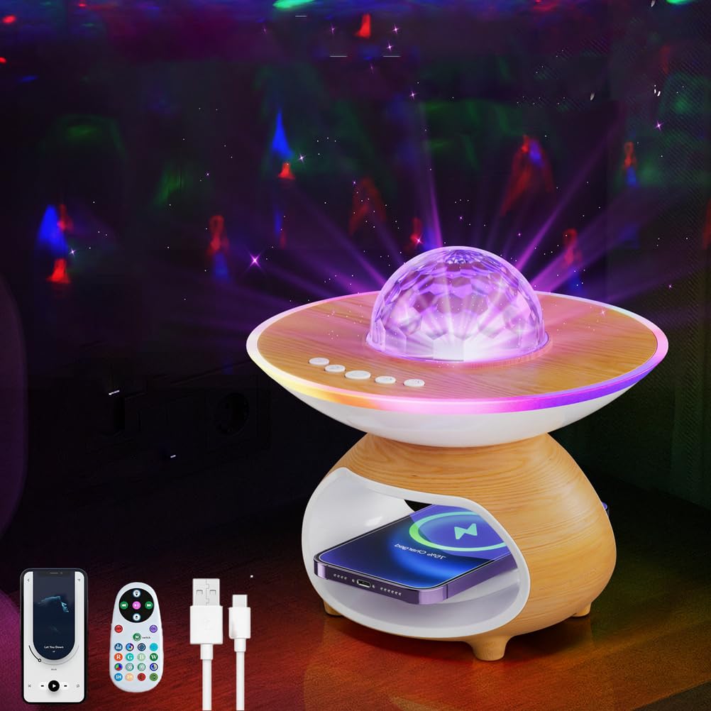 OOWOKS Proiettore cielo stellato Lampada da tavolo LED Smart senza fili con telecomando 15W Caricatore wireless Lampada d'atmosfera con altoparlante Bluetooth 3 colori + RGB Proiettore stellare,A