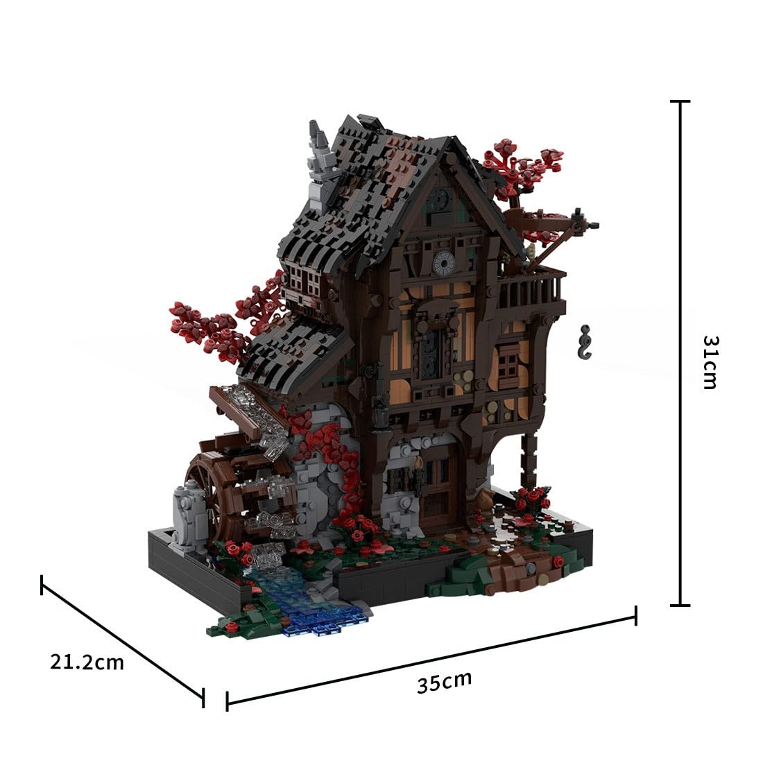 Mittelalterliche Schmiede Klemmbausteine 2717 Stück Wasserradmühle Gebäude MOC Haus Spielzeug Set für Erwachsene Kompatibel mit 21325, MOC-214249