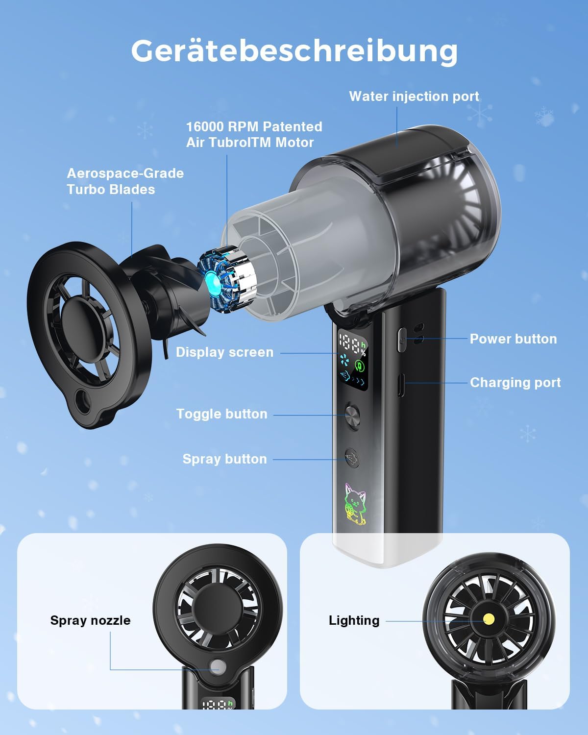 Doge&Vollar 4-in-1 Misting Portable Fan, 5000mAh 30H Max Runtime, 1-100 Speed Turbo Fan, Flashlight with SOS Mode, Dual Type-C Lanyard Cable for Survival Fishing Camping Garage, Black