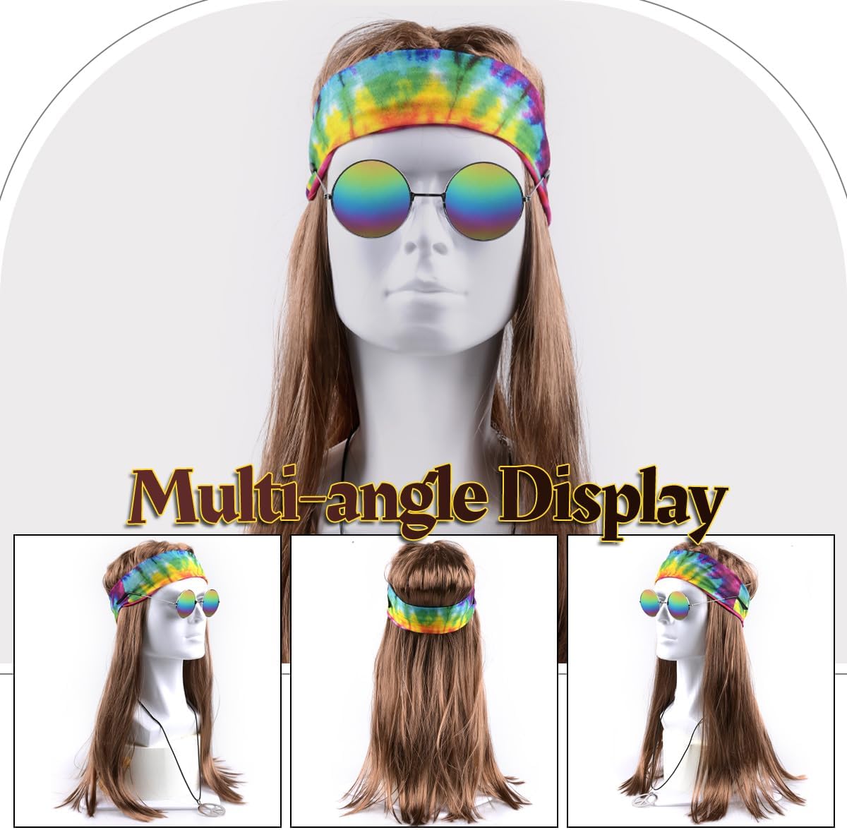 MOVINPE Hippie Accessories for Men - Hippie Wig Sunglasses Peace Sign Necklace Tie Dye Headbands, Halloween Costume 70s Disco Style 60s Outfit Fancy Dress Retro Night - Image 2
