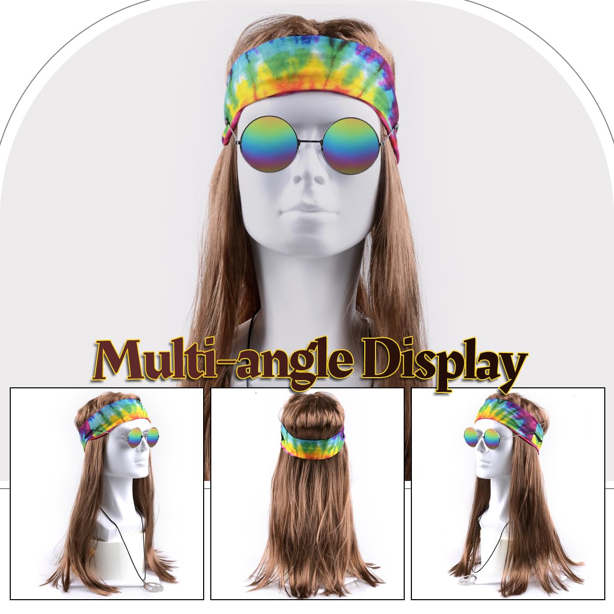 iZoeL Costume Hippie Uomo Donna Anni 70-80 - Mantello/Top Parrucca Hippie Borse Occhiali da Sole Fascia per Capelli Orecchini Collana Pace, Costume Carnivale/Halloween Anni 70-80（Vedi la descrizione）