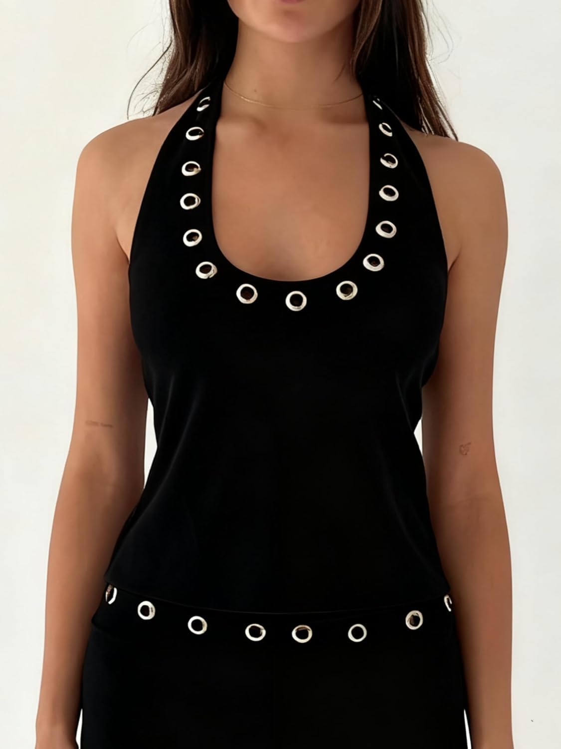 NUFIWI Women Studded Halter Top Open Back V Neck Grommet Y2k Top Sexy Going Out Tops Club Party Outfits - Image 5