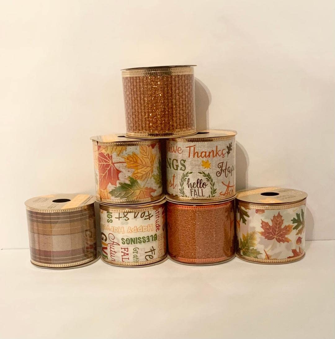 7 Wired Rolls of Harvest, Autumn, Fall and Thanksgiving Themed Ribbon Bundle - 9 Feet per Roll