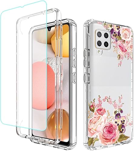 Miniatura 1 de Funda para Galaxy A42 5GM42 5G SM-A426 con protector de pantalla de vidrio templado, cuerpo completo, diseño floral, a prueba de golpes, funda
