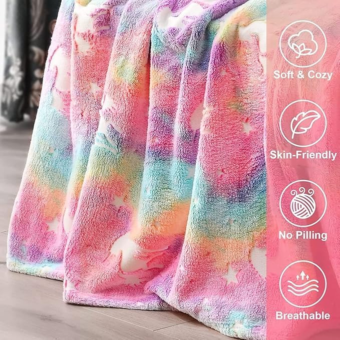 Image of Glow-in-The-Dark Kids Blanket a€ inch Polar Fleece Soft Lightweight Single Bed Blanket with Unicorn Jacquard Print, Multicolor (Rainbow)