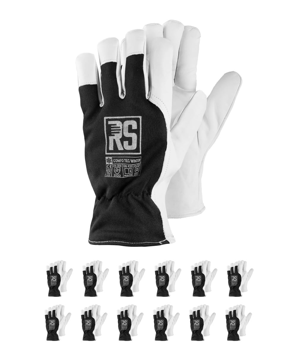 RS COMFO TEC WINTER Gants de montage en cuir de chèvre renforcé isolé avec InsTech/Taille 11, 12 paires/blanc/noir/pour travaux de précision/gants de travail Gants en cuir Gants de protection