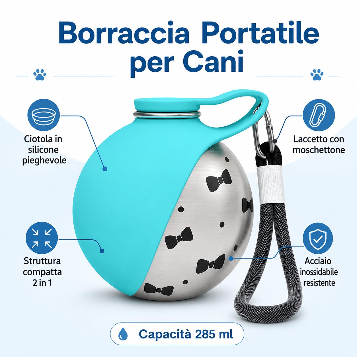 Borraccia per Cani Portatile e Compatta - Bottiglia in Acciaio per Cani in Acciaio Inox da 285ml con Ciotola Pieghevole in Silicone Anti-Goccia (Rosa A+Blu A 285ml)
