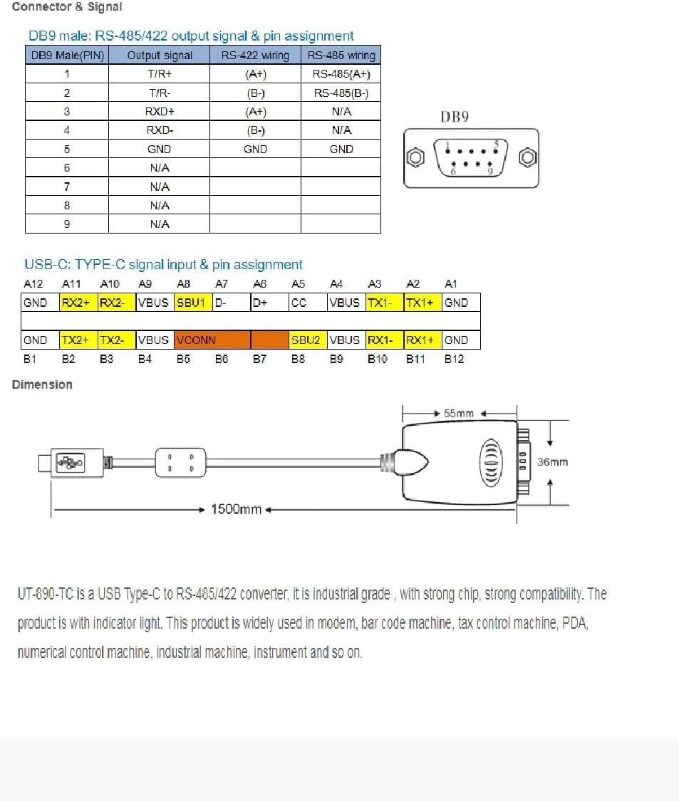 DB9 and USB Type-C Pin Assignments and Dimensions