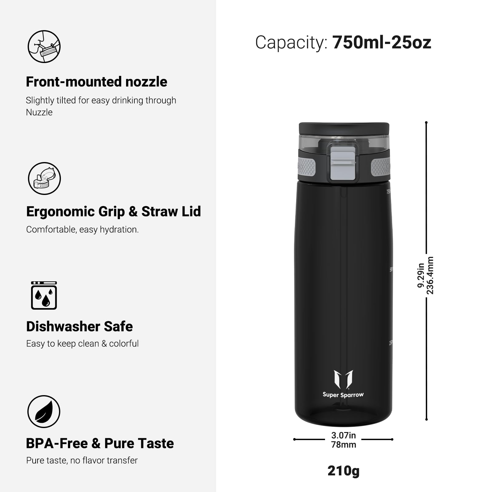 Super Sparrow Borraccia - TouchSip Sportiva Bottiglia - 500ml/750ml/1L - Tritan Senza BPA, a Prova di Perdite - Borracce con Cannuccia Ideale per Scuola e Sport