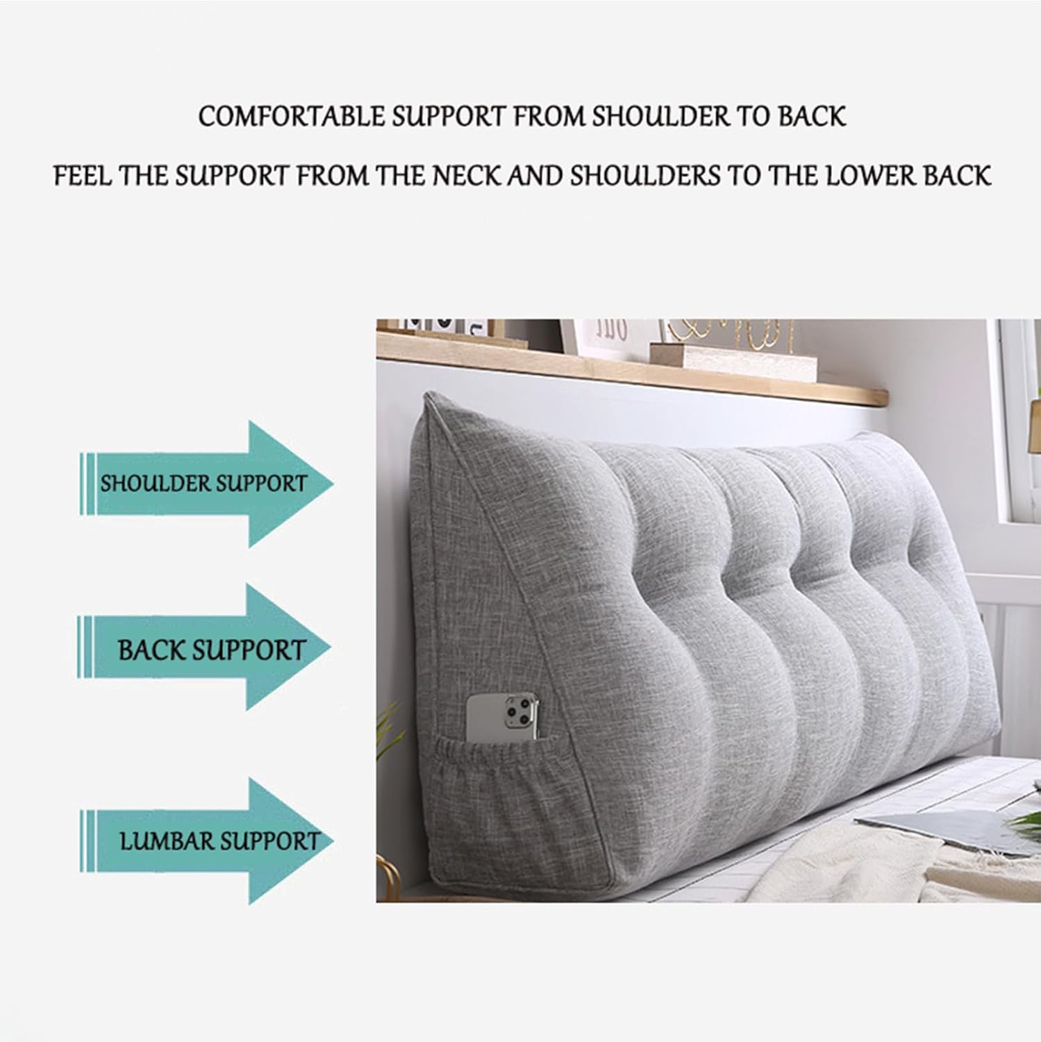 Triangular Wedge Pillow, Headboard with Side Pocket Large Bolster Cushion, Triangular Wedge Pillow for Headboard, Back Support Cushion,G,180cm