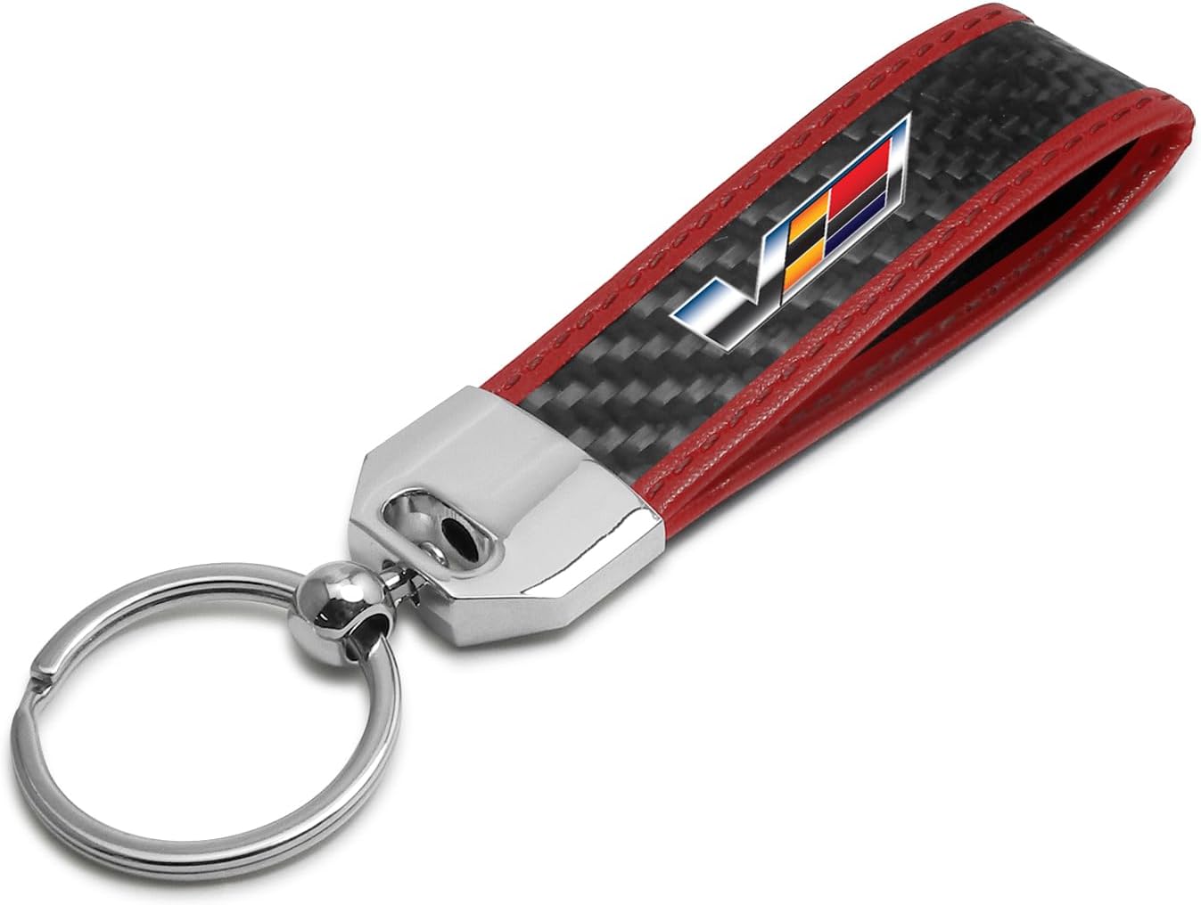 iPick Image for Cadillac V Logo Real Carbon Fiber Strap with Red Leather Stitching Edge Key Chain - Official Licensed