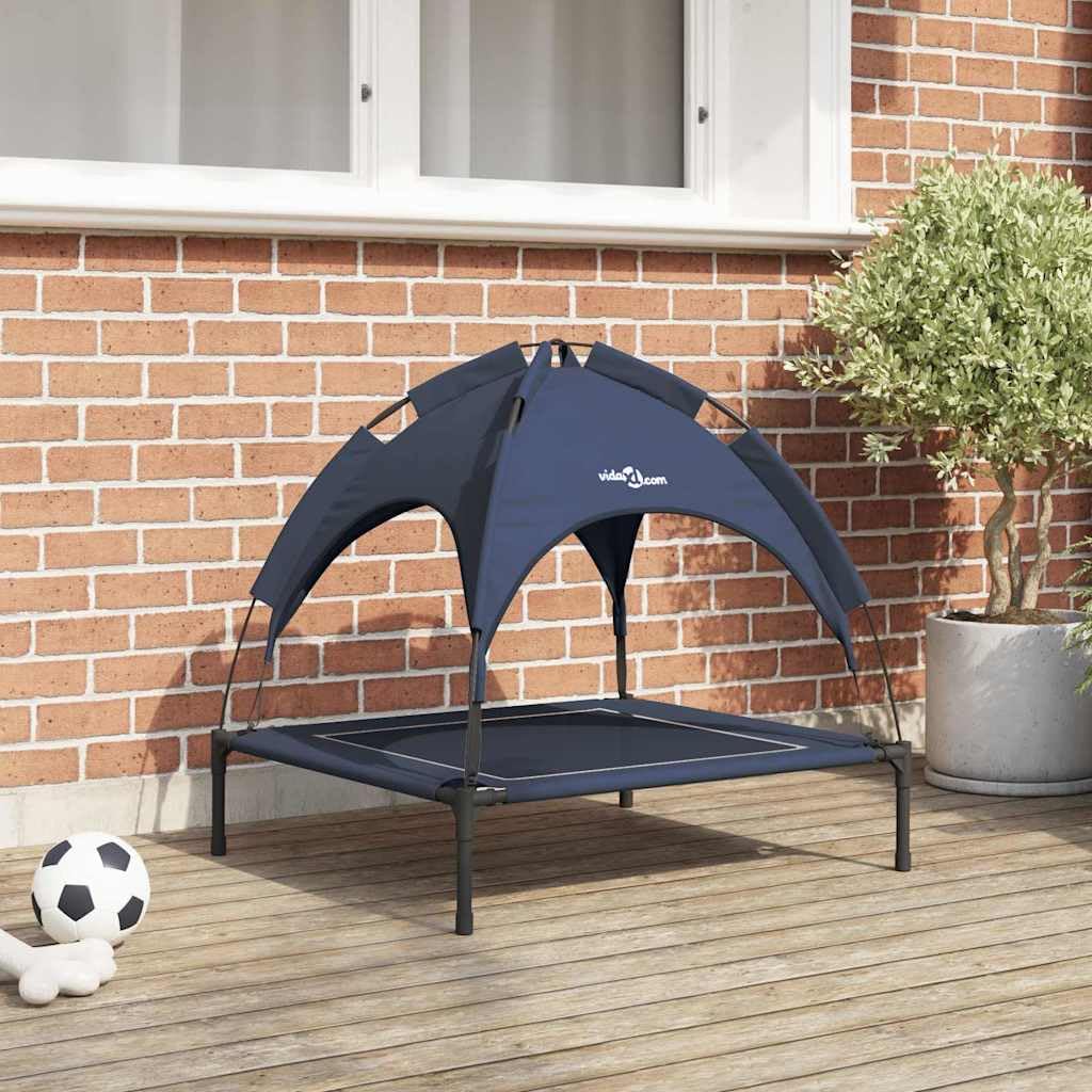 Cama elevada para perros con techo para exteriores, 71 x 64 x 71 cm, plegable, ligera y estable, marco de acero para mascotas, jardín, terraza e interiores, color azul marino