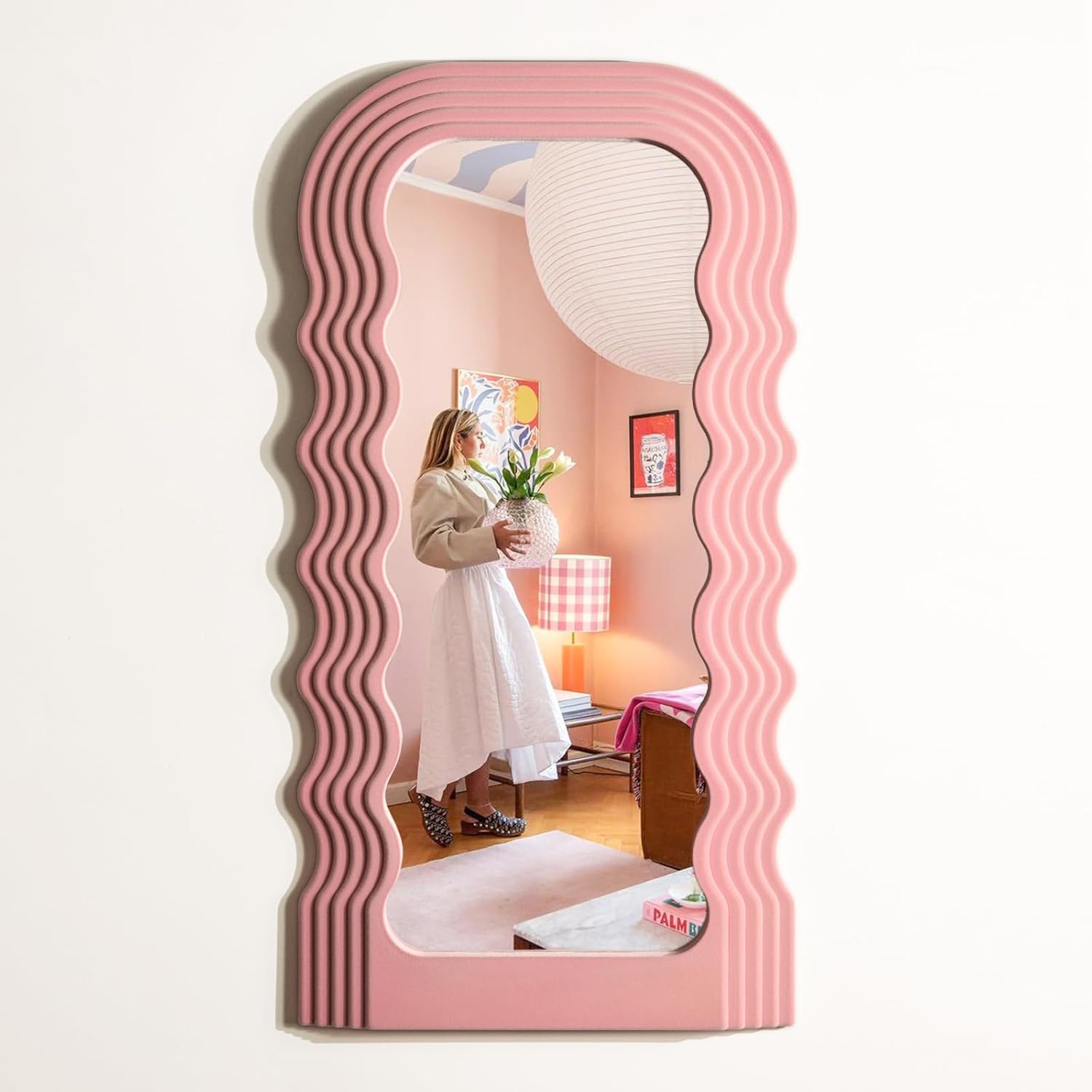 Wavy Mirror Wall Decor for Girly Bedroom, 14x28 Abstract Decorative Mirrors for Modern Apartment Nursery Room Decoration, Large Hanging Wall Art Above Dresser Desk Table Decor (Light Pink) Arch-soft Pink 28x14"