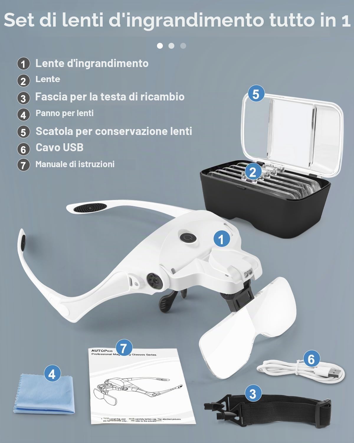 AUTOPkio lenti d'ingrandimento USB Charge, regolabile mani libere auricolare Magnifier con 2 Headset LED fascia Occhiali per la riparazione intercambiabili 5 Lenti 1.0X, 1.5X, 2.0X, 2.5X, 3.5X